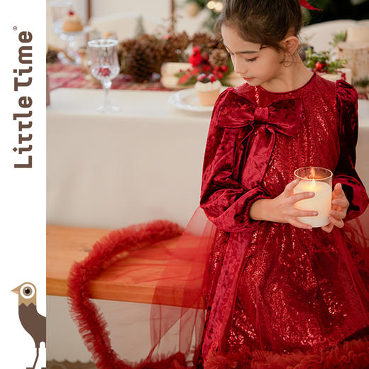 littletime女童红色冰花丝绒纱裙2024秋冬新款拜年长袖公主连衣裙 商品图1