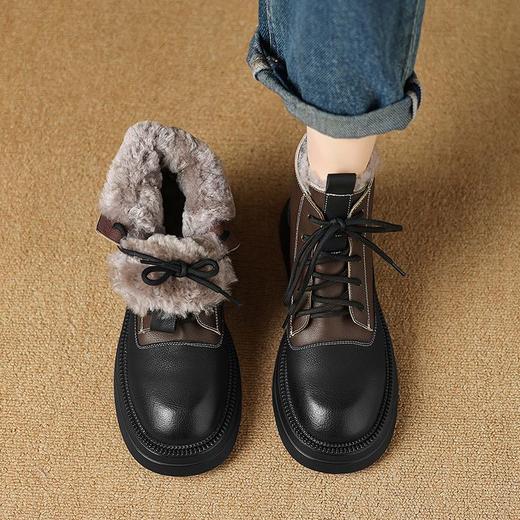 【预售5天】加厚保暖羊羔毛拼色牛皮雪地马丁靴厚底粗中跟真皮系带短靴女AJ&AJ9818 商品图1