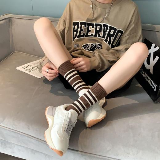 【敲好看！百搭又个性】袜子女 条纹中筒袜粗针秋冬款ins潮纯棉爆款学院风咖系堆堆袜百搭。ry 商品图3