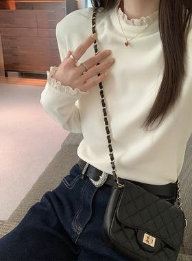 【YW】无忧购韩系ins温柔百搭半高领蕾丝花边双面磨毛内搭打底衫9001（截单后3-5天发货)