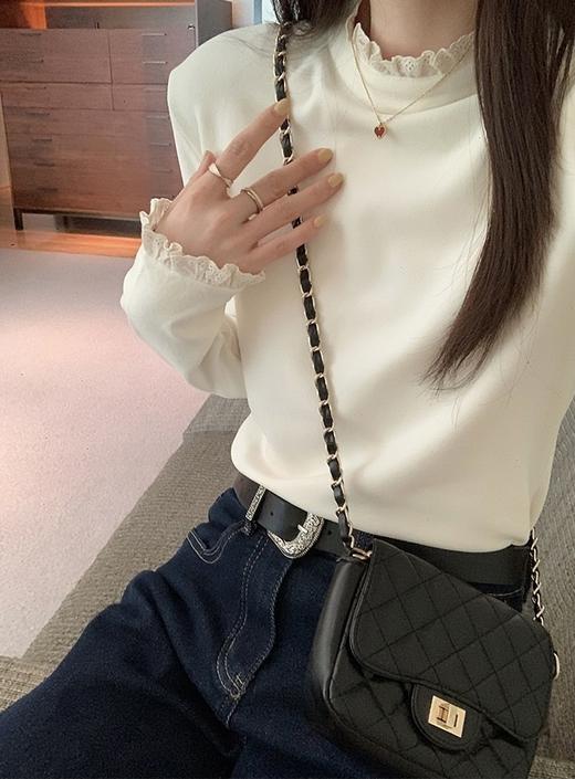 【YW】无忧购韩系ins温柔百搭半高领蕾丝花边双面磨毛内搭打底衫9001（截单后3-5天发货) 商品图0