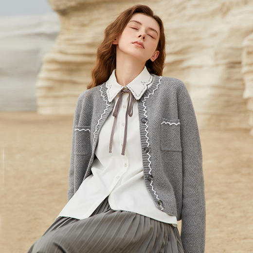 Famecoco短款灰色羊毛毛衣开衫外套女秋冬FAB8DE016 商品图0