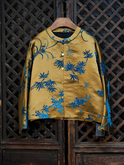 盛唐牡丹| 琥珀黄底色真丝漳绒外套-钉珠款(钉珠花纹随机） 商品图2