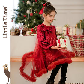 littletime女童红色冰花丝绒纱裙2024秋冬新款拜年长袖公主连衣裙