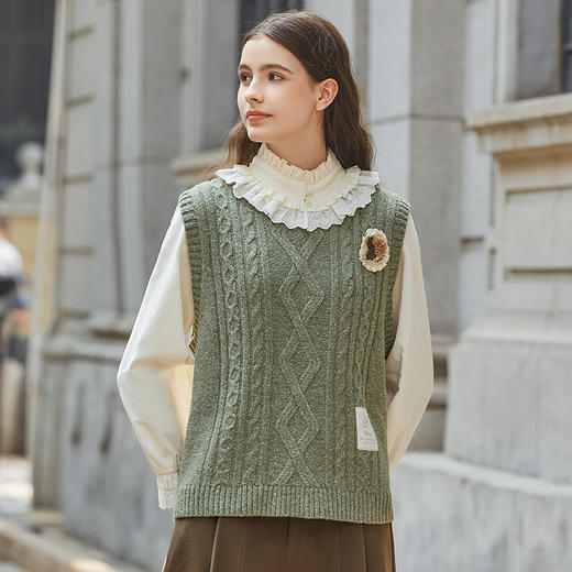 Famecoco范可儿绿色套头针织马甲背心女冬季FAB8CA025 商品图1