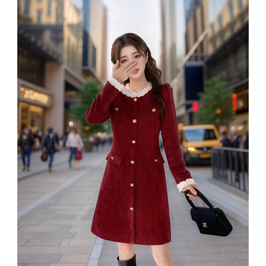 奢姿2025年秋冬新款大码女装拼接圆领裙子胖妹妹花边减龄连衣裙9944891372 商品图1