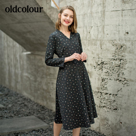 oldcolour欧珂春秋V领中长款收腰时尚耐看长袖连衣裙B31103158 商品图0