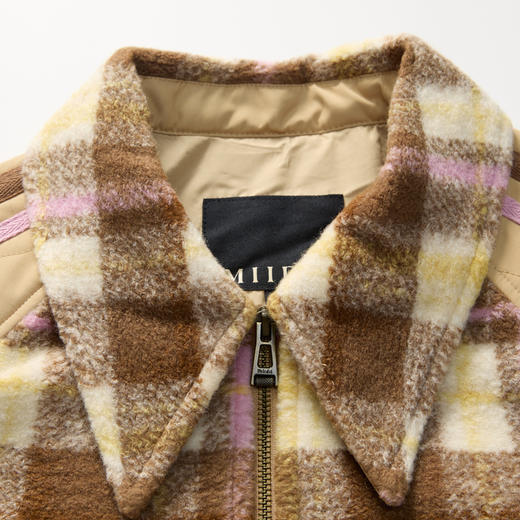 谜底宽松中长款大衣女2023冬新品复古格纹拼接毛呢外套234MD1506 商品图3