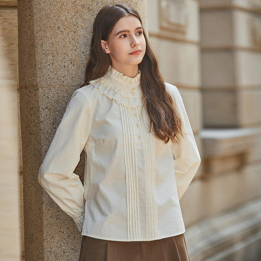 Famecoco范可儿荷叶边立领文艺花边女士衬衫冬季FAB8BD001 商品图2
