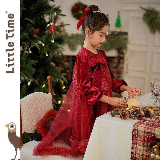 littletime女童红色冰花丝绒纱裙2024秋冬新款拜年长袖公主连衣裙 商品图3
