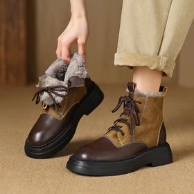 【预售5天】加厚保暖羊羔毛拼色牛皮雪地马丁靴厚底粗中跟真皮系带短靴女AJ&AJ9818