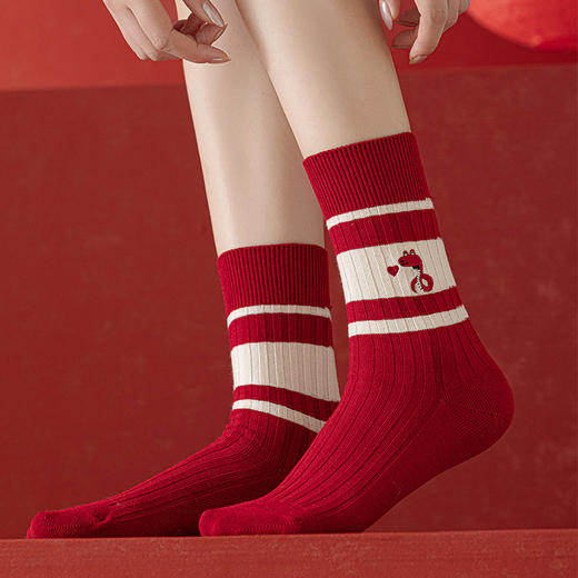 【温暖红色，时尚中筒款】蛇年红袜子 女生秋冬新款 本命年中筒女袜 红色韩版刺绣双针堆堆袜-QQ 商品图2