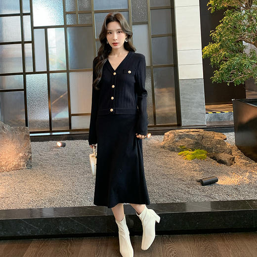 奢姿2024年冬季新款大码女装V领假两件裙子胖妹妹休闲针织连衣裙9344892094 商品图2