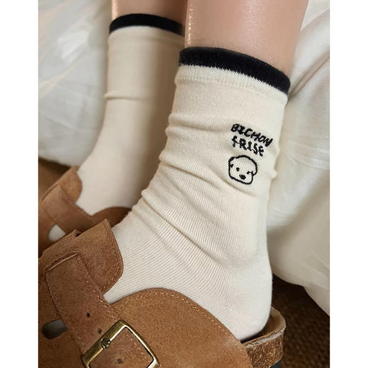 【舒适棉质，透气不闷热】卡通小狗袜子 女生可爱中筒袜 春秋棉袜 ins潮网红韩国条纹长袜-QQ 商品图3