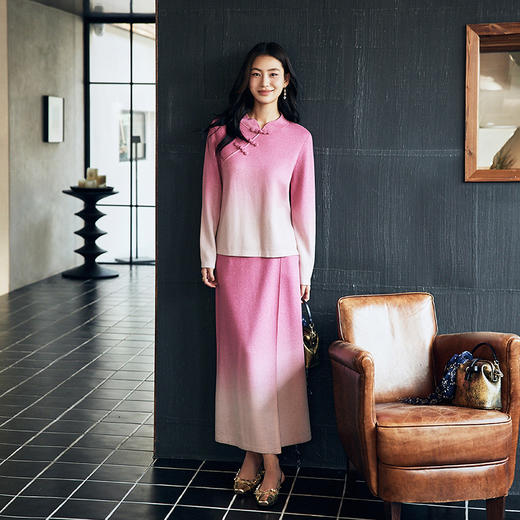 【林栖设计小店】【套装】多色渐变毛织套装2024春夏新品新中式盘扣毛衣针织半身裙子女1941241-1941240 商品图0