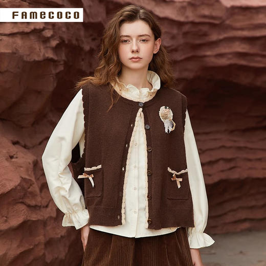 Famecoco范可儿开衫马甲含羊毛圆领撞色通勤女装马夹FAB8CA046 商品图3
