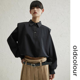 oldcolour黑色polo领垫肩T恤春秋季新款廓形宽松休闲设计感上衣