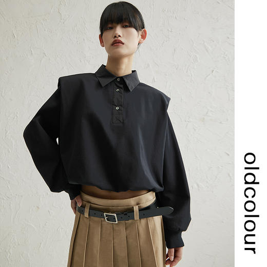 oldcolour黑色polo领垫肩T恤春秋季新款廓形宽松休闲设计感上衣 商品图0