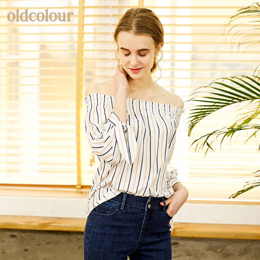 oldcolour欧珂春款衬衣女竖条纹一字领蝴蝶结袖口chic上衣女 商品图4