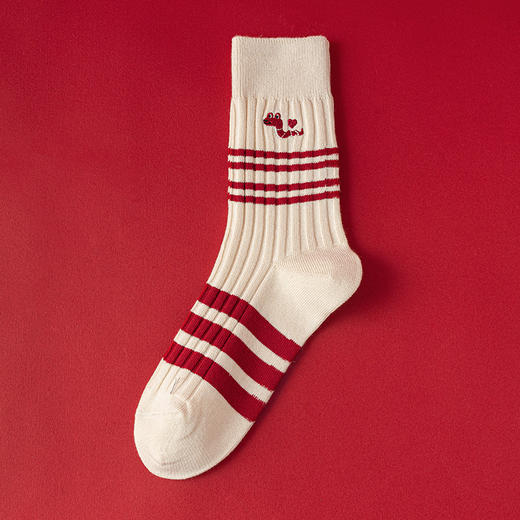 【温暖红色，时尚中筒款】蛇年红袜子 女生秋冬新款 本命年中筒女袜 红色韩版刺绣双针堆堆袜-QQ 商品图4