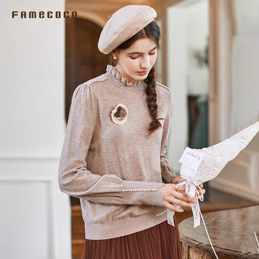Famecoco范可儿套头毛衫立领珍珠螺纹文艺FAB8DC031 商品图1