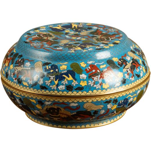 清 铜胎掐丝珐琅狮子滚绣球圆形盖盒 商品图5