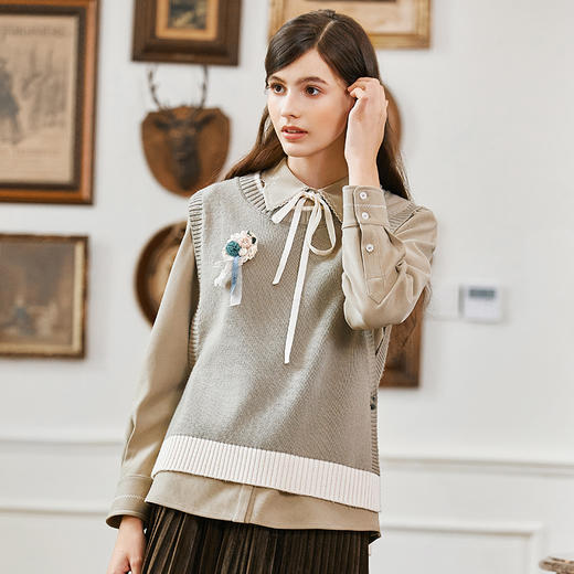 Famecoco范可儿圆领撞色针织马甲背心女冬FAB8CA012 商品图1