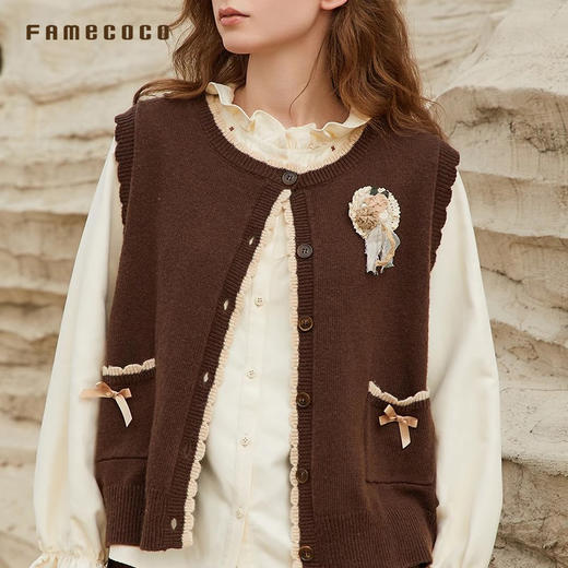Famecoco范可儿开衫马甲含羊毛圆领撞色通勤女装马夹FAB8CA046 商品图2