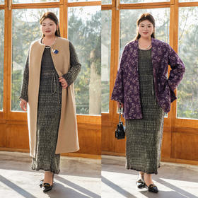 【真丝泡泡绒连衣裙】美丽客栈秋冬新款高级感长袖圆领连衣裙女大码女装