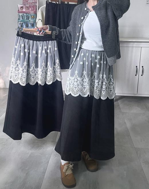 【GZ】无忧购韩系甜美屁帘蕾丝拼接宽松显瘦毛呢半身裙3328（截单后7天发货)25年清仓捡漏 商品图0