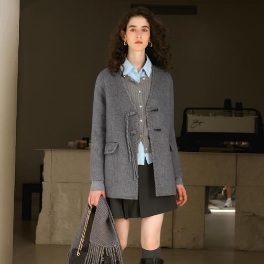 OLrain欧芮儿灰色双面呢外套女冬季2024年新款新中式盘扣大衣 商品图2
