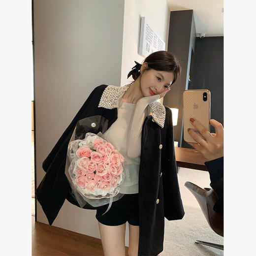 西遇中长款呢料外套女冬季新款富家千金钉珠领口双排扣大衣SS141336 商品图8