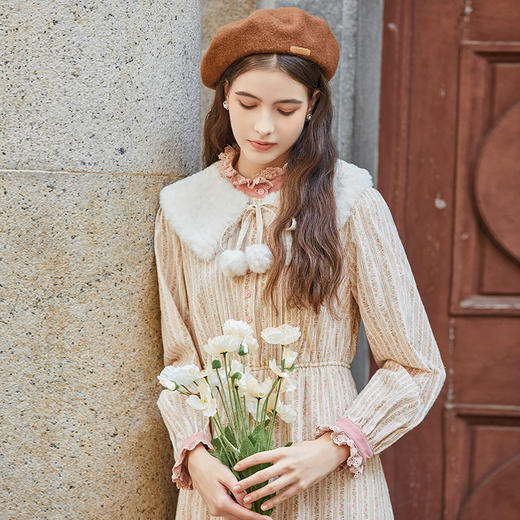 Famecoco范可儿千金连衣裙女立领收腰长裙毛领可拆卸FAB8FA002 商品图3