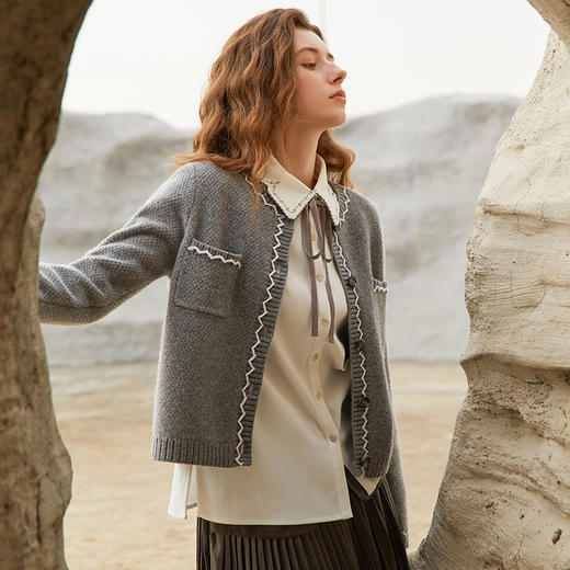 Famecoco短款灰色羊毛毛衣开衫外套女秋冬FAB8DE016 商品图2