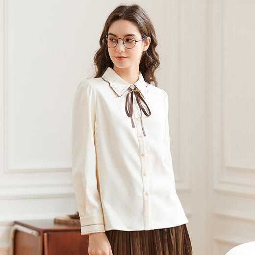 Famecoco范可儿女士系带长袖衬衣优雅通勤FAB8BH021 商品图1
