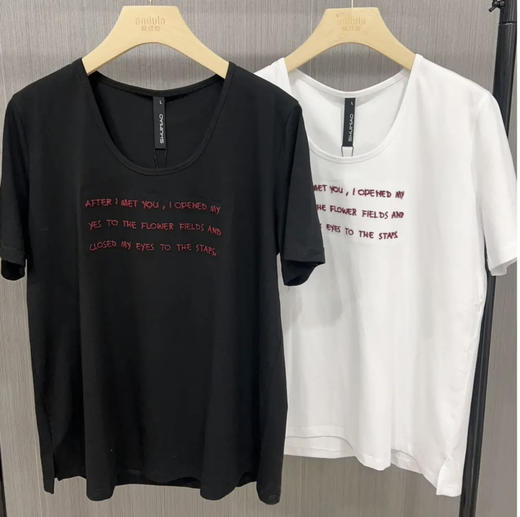 水淼2025夏新款纯棉小U领气质百搭T恤0401（字母立体浮雕刺绣） 商品图0