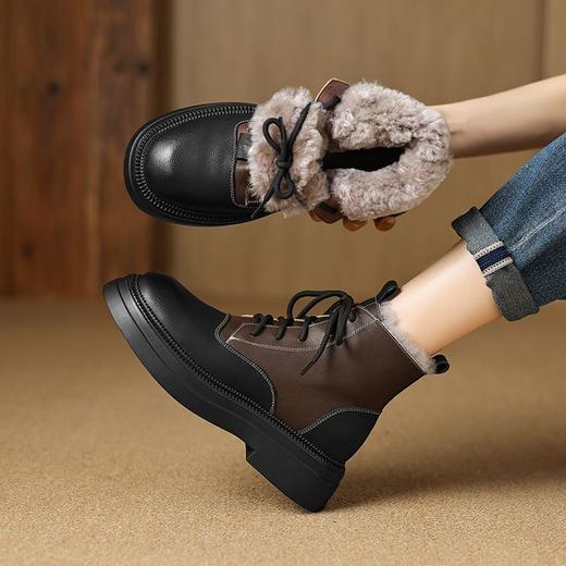 【预售5天】加厚保暖羊羔毛拼色牛皮雪地马丁靴厚底粗中跟真皮系带短靴女AJ&AJ9818 商品图2