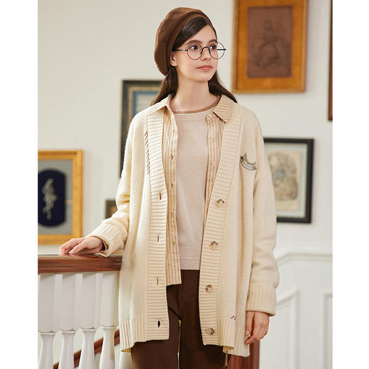 famecoco范可儿绣花徽章针织开衫中长款女FAB8DE030 商品图1