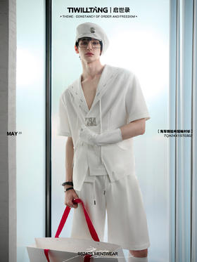 TIWILLTANG启世录“域海银启”海军领结构短袖衬衫刺绣拼接衬衣