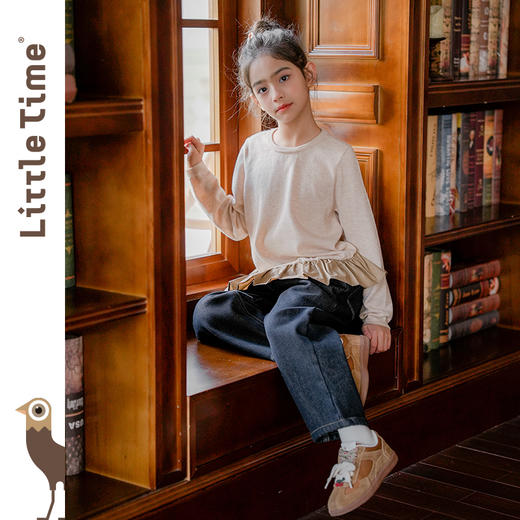 littletime女童牛仔裤2024秋冬新款锥形裤加绒深蓝色儿童茧形裤 商品图1