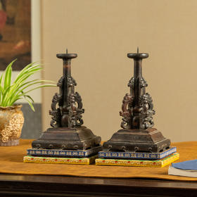 清中期 黄花梨透雕螭龙纹站牙烛台（一对）