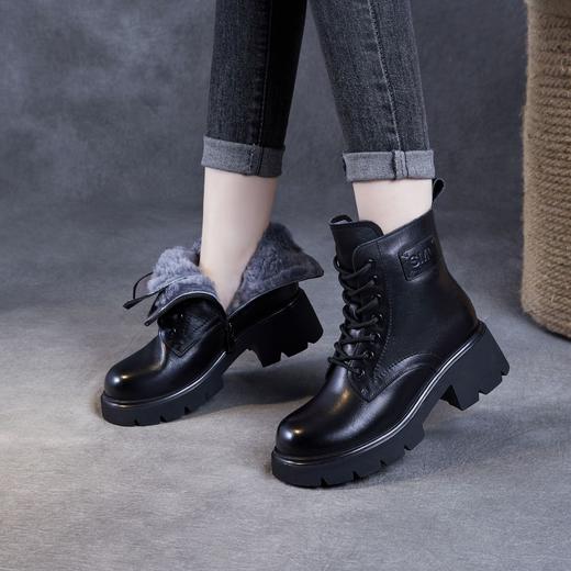 头层牛皮羊毛马丁靴棉鞋，保暖雪地靴冬季真皮粗跟加绒厚底短靴子 ZM258021 商品图2