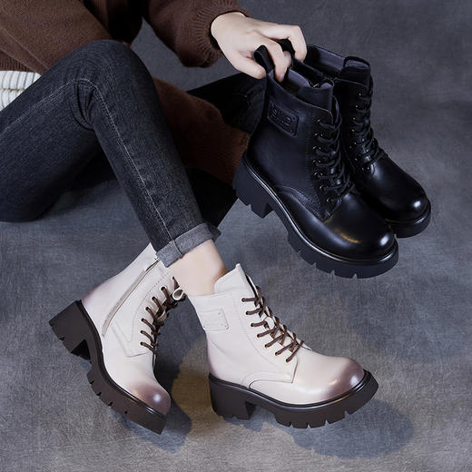 头层牛皮羊毛马丁靴棉鞋，保暖雪地靴冬季真皮粗跟加绒厚底短靴子 ZM258021 商品图1