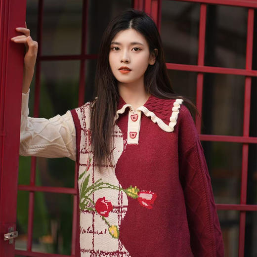 两三事 半晓花事 2024冬季新款森女风菱形格编织花色毛衣裙连衣裙 商品图2