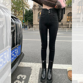 曾小咸女装加绒牛仔裤女春秋季新款高腰设计感修身小脚裤烟管长裤