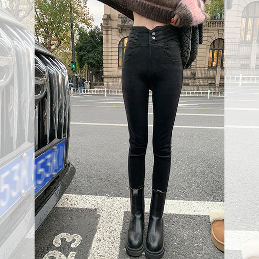 曾小咸女装加绒牛仔裤女春秋季新款高腰设计感修身小脚裤烟管长裤 商品图0