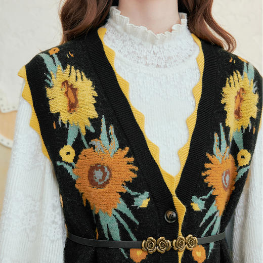 两三事梵高文艺双生葵屿2024冬新款向日葵毛巾绣系带背心裙连衣裙 商品图2