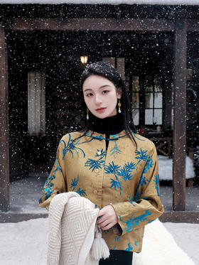 盛唐牡丹| 琥珀黄底色真丝漳绒外套-钉珠款(钉珠花纹随机）