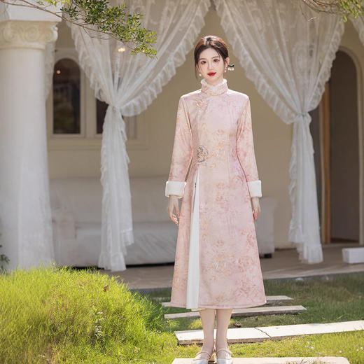 淑女范毛领奥黛旗袍2024年冬新款不开叉加绒保暖新中式旗袍TY2872 商品图0