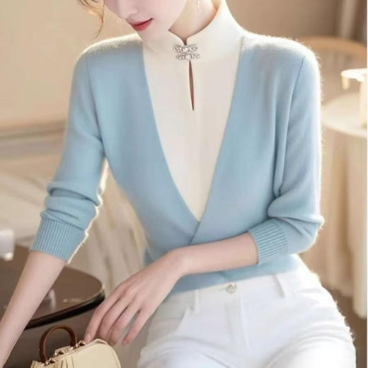 SMZ33506 2024复古新中式国风假两件针织打底衫女冬季新款内搭立领长袖上衣 商品图1